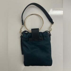 Theory Post Small Soft Pouch Bag Navy Falun Satin/ Black Leather
